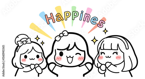 Three cartoon girls with bows under the word happiness with colorful rays and sparkles