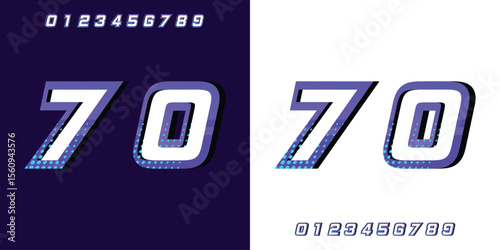 Racing number 70 in purple and halftone on white and black background