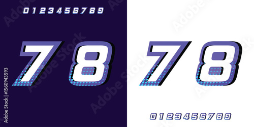 Racing number 78 in purple and halftone on white and black background