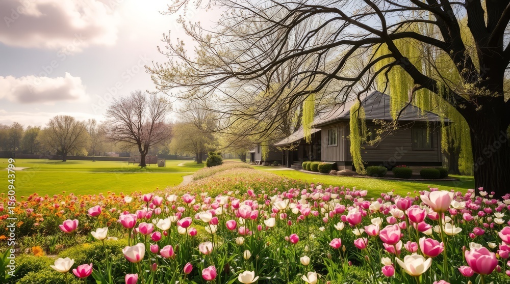 Obraz premium Springtime Reverie: A quaint cottage nestles amidst a vibrant tulip field, framed by blooming trees and bathed in the gentle glow of a sunny spring day.