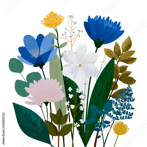 Colorful floral bouquet with leaves in flat vector illustration style, perfect for design projects.