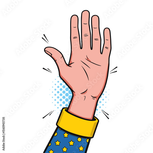 Vibrant hand reaching out in playful pop art style with bold colors and dynamic shapes, isolated on white, concept of creativity and expression, art supply, design studio