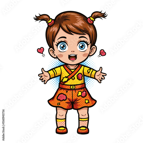 Happy cartoon girl expressing joy in colorful outfit with playful background, concept of children's art and creativity.