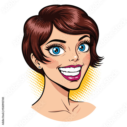 Smiling young woman with short brown hair and bright blue eyes, cheerful expression, pop art style isolated on white, concept of art and design business.