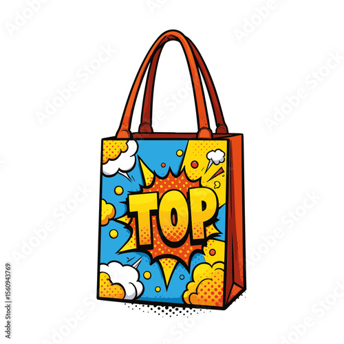 Vibrant reusable shopping bag showcasing playful pop art style with bold colors on white background, concept of eco-friendly shopping.