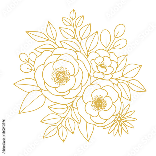 Floral bouquet illustration in golden line art style, elegant botanical design for weddings and invitations