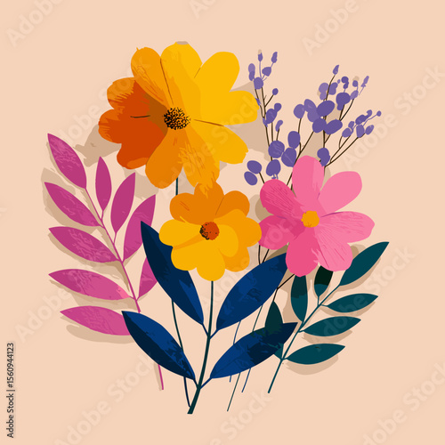 Colorful flat vector illustration of blooming flowers and green leaves in minimalist design