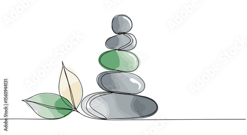 One line doodle drawing of balanced stones and leaf with watercolor fill in granite gray, jade green and cream on white background