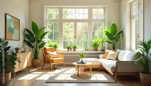 Serene Sunlight-Filled Room Lush Plants, Stylish Furniture, Peaceful Living Space