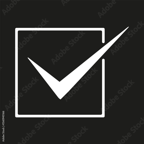 Checkmark success icon. Approval task symbol. Vector mark design. Black background shape.
