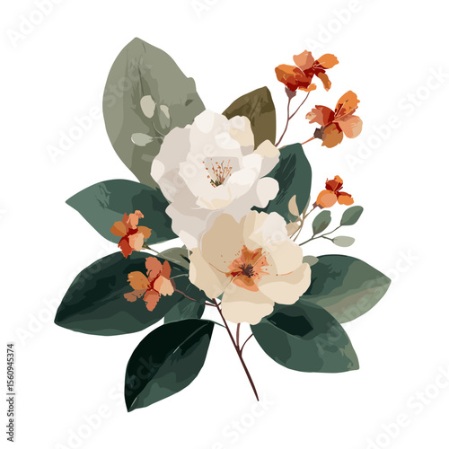 Colorful floral vector illustration with green leaves on white background