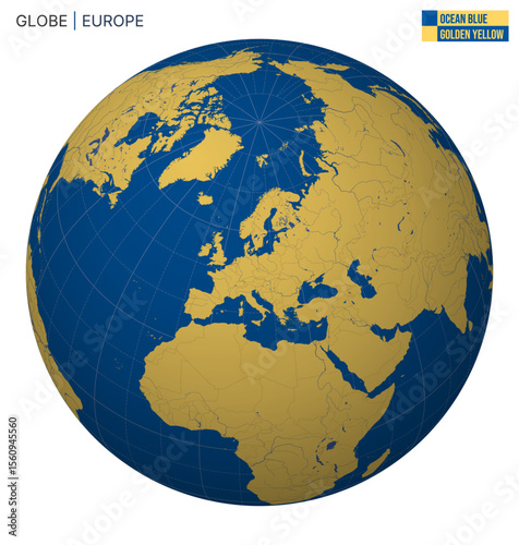 Vector Globe centered to Europe. Ocean Blue Golden Yellow palette. World map with meridians, parallels, countries, rivers and lakes. Creative vector illustration.