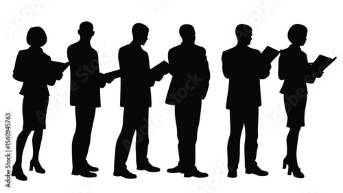 Silhouettes of Business Professionals Reading Documents – Teamwork and Communication Concept vector