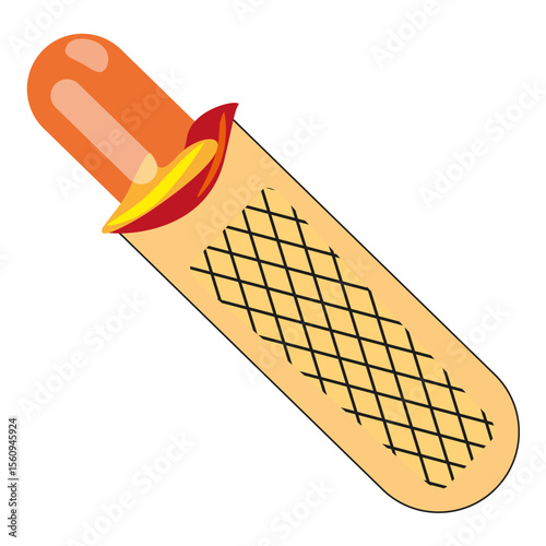 Waffle snack form. Orange cream topping. Vector dessert tube. Sweet roll detail.
