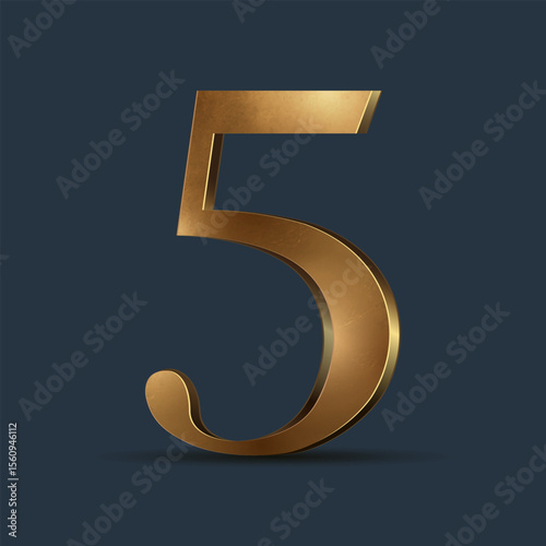 3D golden number five. Glossy metallic digit with reflections. Premium ancient typography for anniversary, award, or VIP concept. Design vector graphic for any layout or advertising.