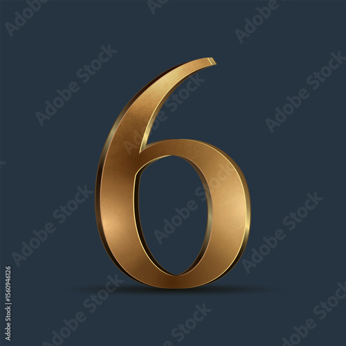 Golden digit 6. Stylish metallic number with smooth reflections. Decorative 3D symbol for branding, celebration,  award, VIP or winner concept.
