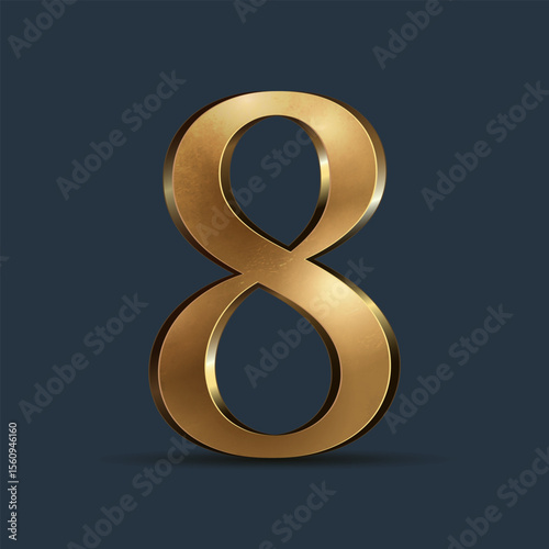 3D golden number eight. Glossy metallic digit with reflections. Premium ancient typography for anniversary, award, or VIP concept. Design vector graphic for any layout or advertising.