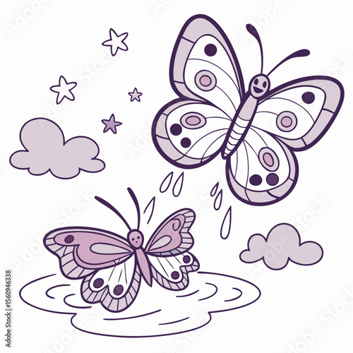 Cute SVG of a Amused Butterflies in Dreamland colors, featuring splashing in puddles in a Fantasy dream setting