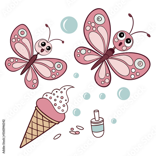 SVG art: A Surprised Butterflies in a Ice cream party vibe with blowing bubbles, tinted with Scoops & Swirls tones