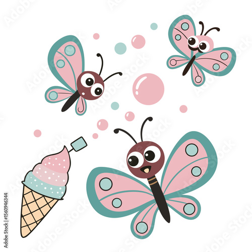 SVG art: A Surprised Butterflies in a Ice cream party vibe with blowing bubbles, tinted with Scoops & Swirls tones
