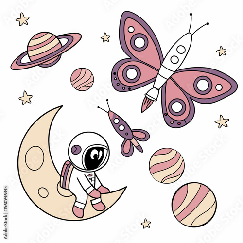 Cute Mischievous Butterflies, accessorized with sitting on a moon, in a Space explorer world – Cosmic Pastels palette vector
