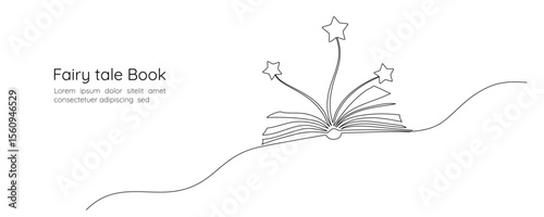 Opened book with flying page and stars in one continuous line drawing. Magic of reading and children library concept in simple linear style. Editable stroke. Doodle oneline vector illustration