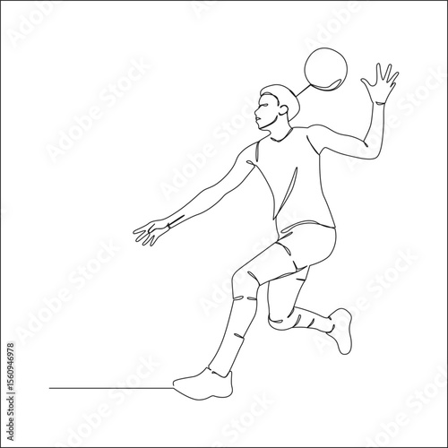 A minimalist line drawing portrays a male volleyball player in a dynamic pose, mid-action, ready to spike or serve the ball.
