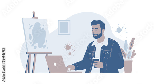 Artist Working On Laptop With Coffee Near Easel And Painting In Home Studio