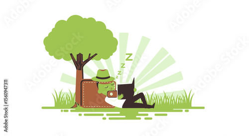Cartoon Character Taking A Break Under A Tree While Reading Relaxing Illustration