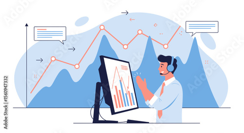 Cheerful Customer Service Representative Analyzes Market Data on Computer Screen