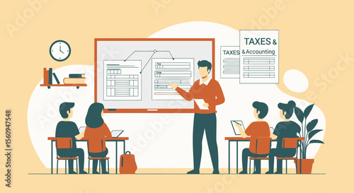 Accounting Taxation Lesson With Students And Instructor At The Whiteboard
