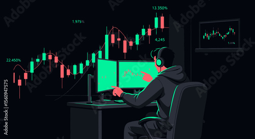 Analyzing Stock Market Trends Young Man Trading On His Computer Late At Night