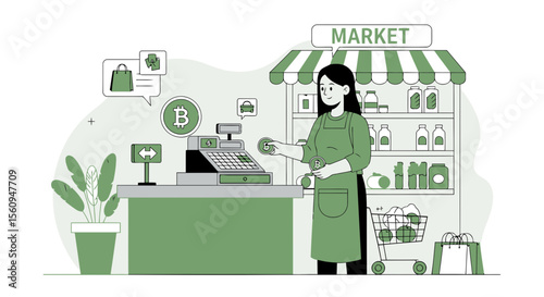Crypto Currency Payment At Local Market Vector Illustration With Employee