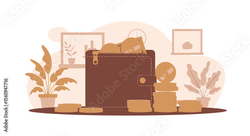 Brown Wallet Full Of Cash, Coin Stacks, Plants, Background, A Symbol Of Wealth And Finances
