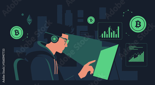 Cryptocurrency Investor Analyzing Market Trends And Charts In Futuristic Cityscape