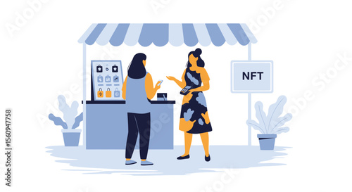 Customer Purchasing Non-Fungible Token In Digital Art Fair Illustration Design
