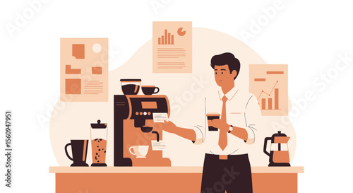 Business Professional Enjoys Fresh Coffee Made From Coffee Machine During Office Break