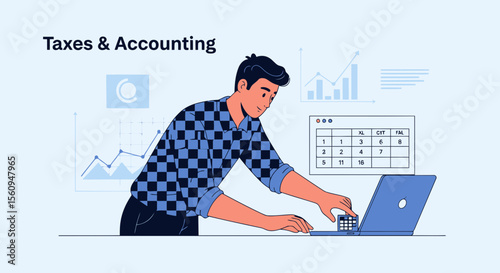 Financial Analysis With Calculator On Laptop By Accountant Flat Design Illustration