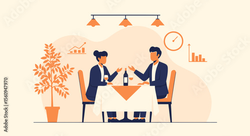 Business Luncheon Flat Design Concept With Rising Financial Chart And Clock