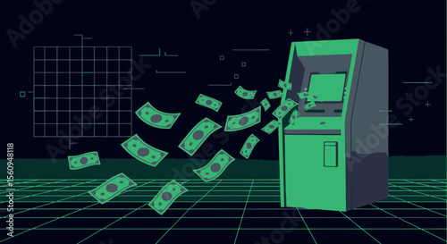 Atm Dispensing Cash With Retro Style And Grid Background Illustration