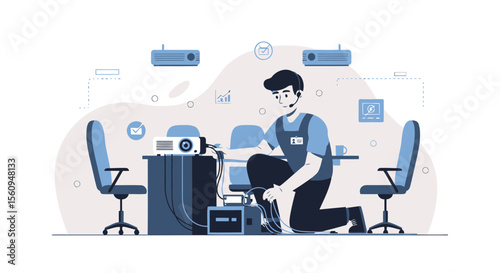 Audio Visual Technician Connecting Projector During Conference Setup Vector Illustration