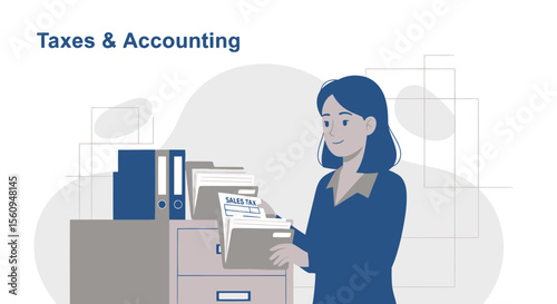 Businesswoman Arranging Financial Documents For Tax Preparation In The Office