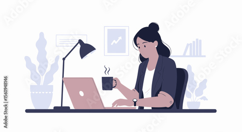 Businesswoman Enjoying Hot Coffee While Working At Her Laptop From Home Office