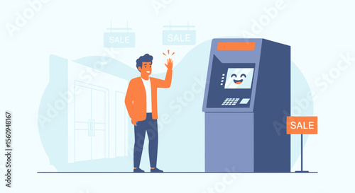 Friendly Atm Machine Greets Customer With Waving Hand About Payment And Sales