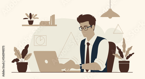 Focused Professional Working Diligently At Desk With Plants And Minimalist Design Elements
