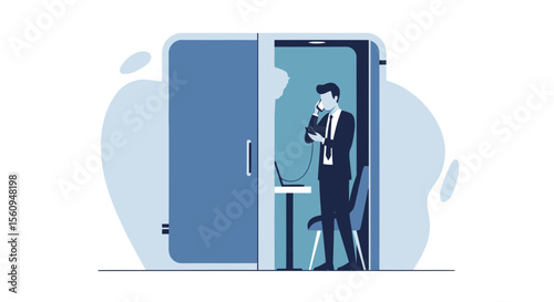 Business Man Talking On The Phone Inside A Soundproof Office Cabin Minimalist