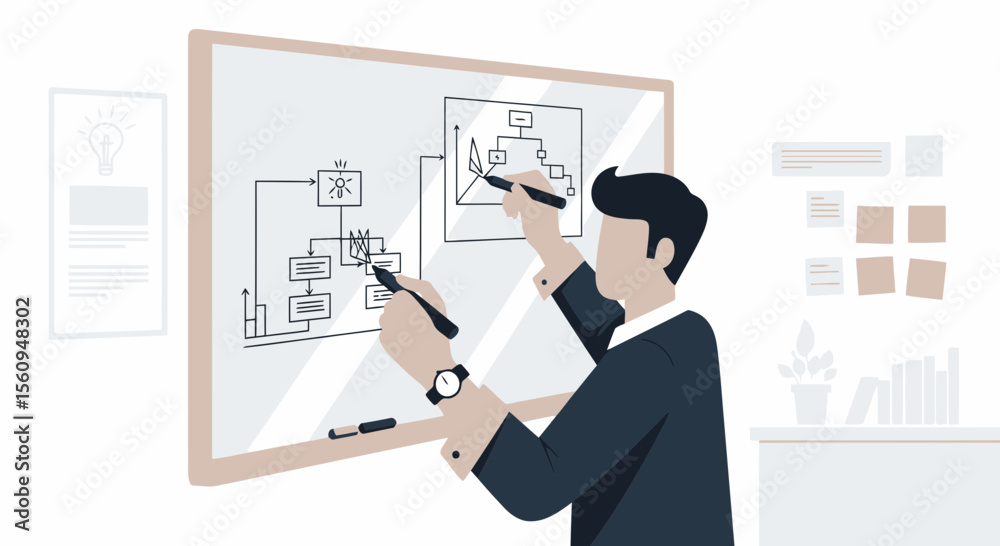 Businessman Developing Strategy Presentation On Whiteboard In Modern Office Businessman Developing Strategy Presentation On Whiteboard In Modern Office