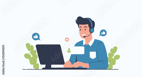 Engaging Male Customer Service Representative Providing Online Assistance With Positive Feedback