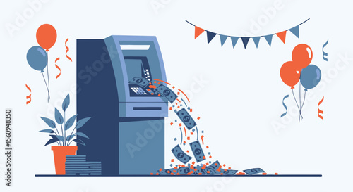 Celebration At Cashpoint With Money Coming Out, Balloons And Party Decoration
