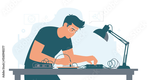 Engineer Working On Electronic Prototype With Desk Lamp In Office